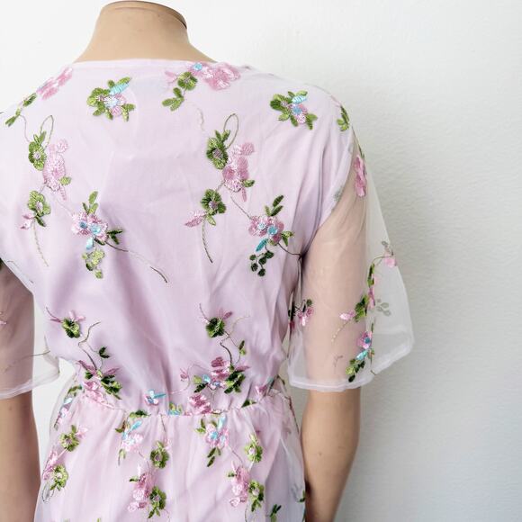 [Shein] Light Pink Floral Embroidered V-Neck Mesh Maxi Dress Wedding NEW Size XL - Picture 7 of 12